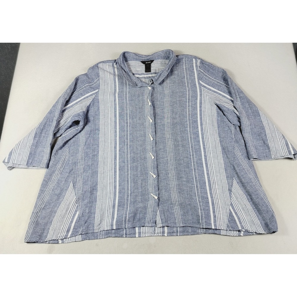 Ali Miles Shirt Womens 3X Blue Stripe Linen Cotton 3/4 Sleeve Button Front Tunic